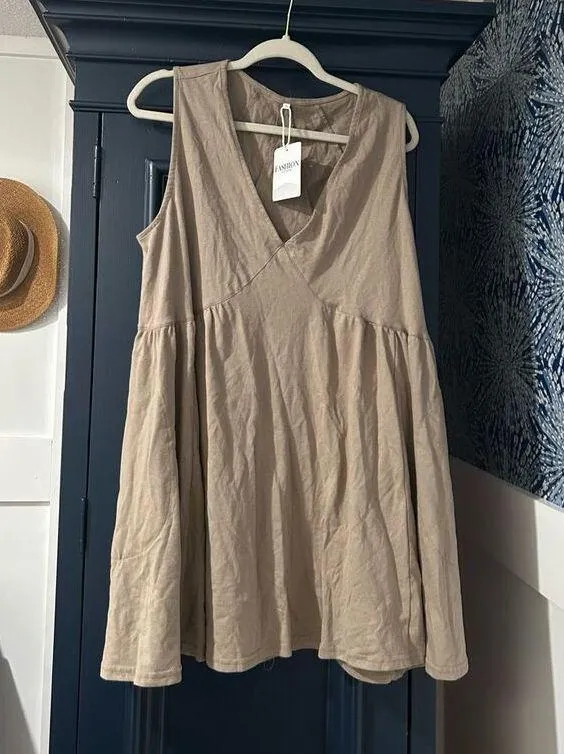 NEW 100% Cotton V Neck Tank Dress Loose Fit Casual Mini Dress Pockets XL - Image 3