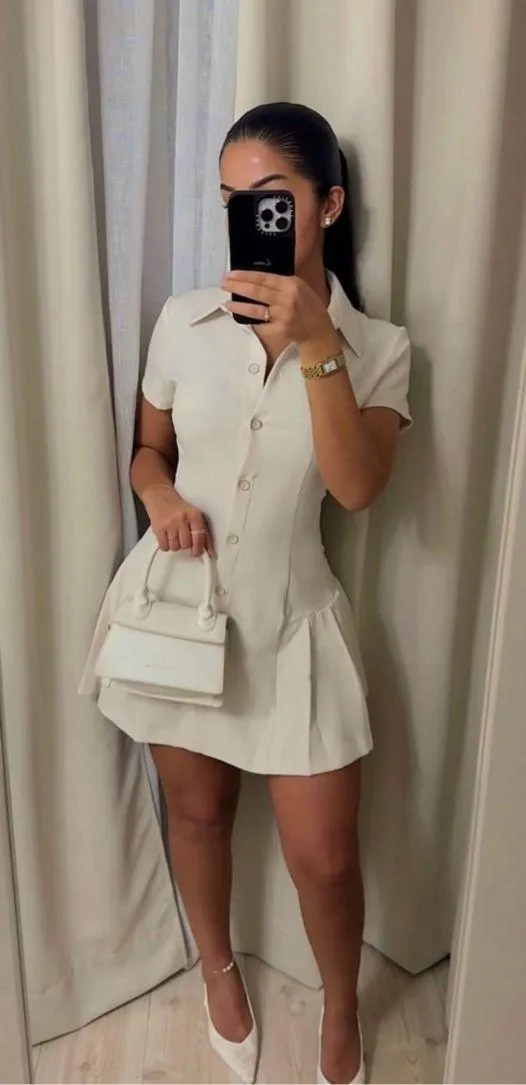 Zara mini dress pleated skirt collar button up ivory casual classic old money - Image 2