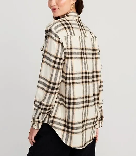 Old Navy Double Brushed Flannel Boyfriend Shirt Cream Black Plaid NWT - Image 2