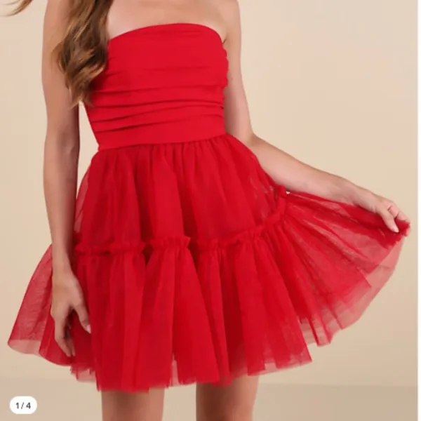LULUS Sexy Flirty Strapless Prom Wedding Cocktail Party Tulle Ruffle Mini Dress - Image 5