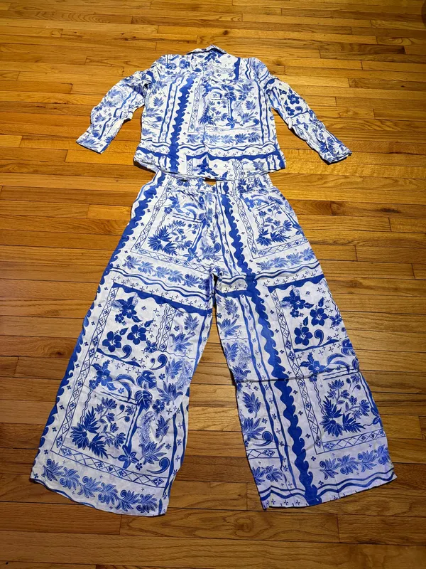Joie Linen Matching Set Blue/White Floral Two-Piece Pantsuit Coord L/XL coastal - Image 8