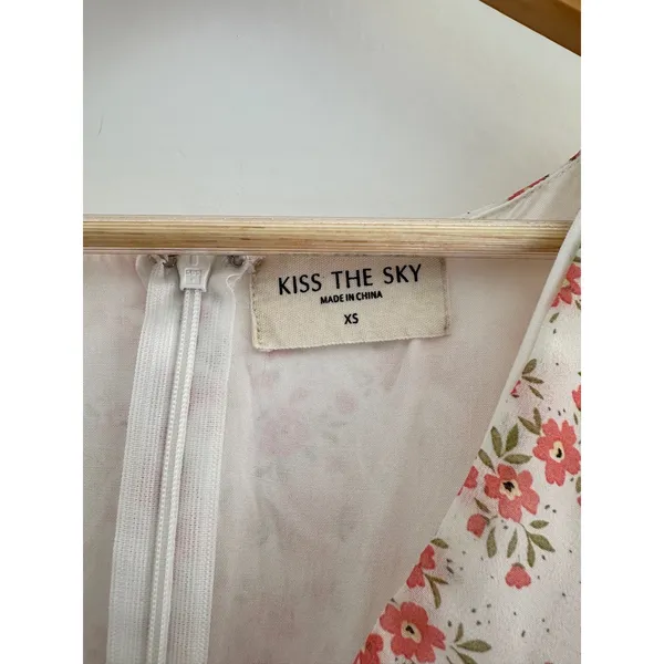 Kiss The Sky Floral Ruffle Mini Dress Pink Cream V-Neck Flutter Sleeve XS - Image 4