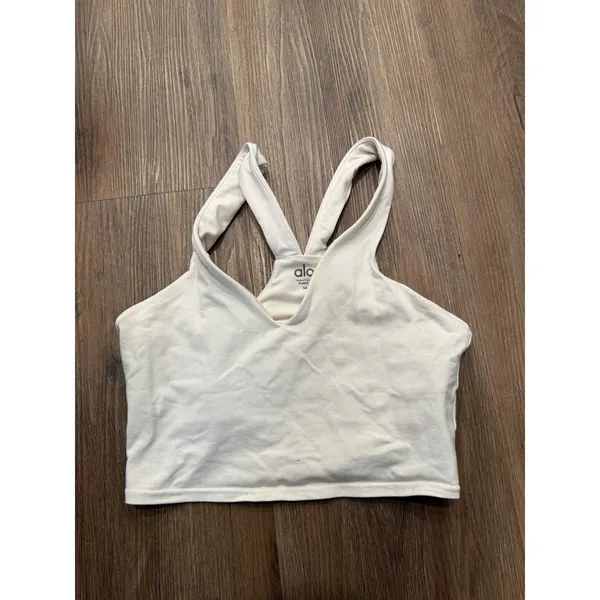 Alo Yoga Womens Asymmetrical Double Strap V-Neck Cropped Tank Top Bone White M - Image 3