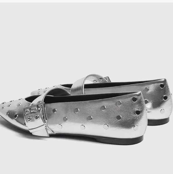 Silver Studded Mary Jane Flats Size 6 - Image 2