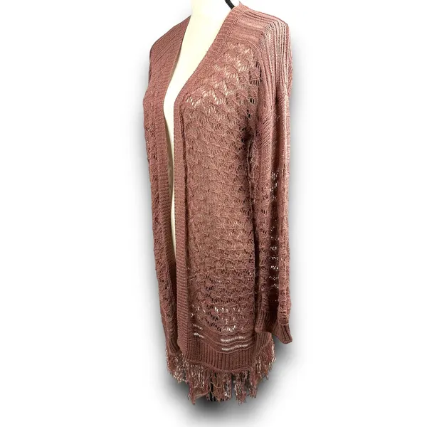 Boho Chic Open Knit Long Cardigan Fringe Trim Lightweight Mauve Small Medium - Image 2