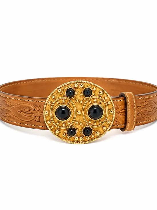 Vintage 70s/80s Glam Gold Balck Stones Ornate Statement Statement Belt Buckle - Image 8