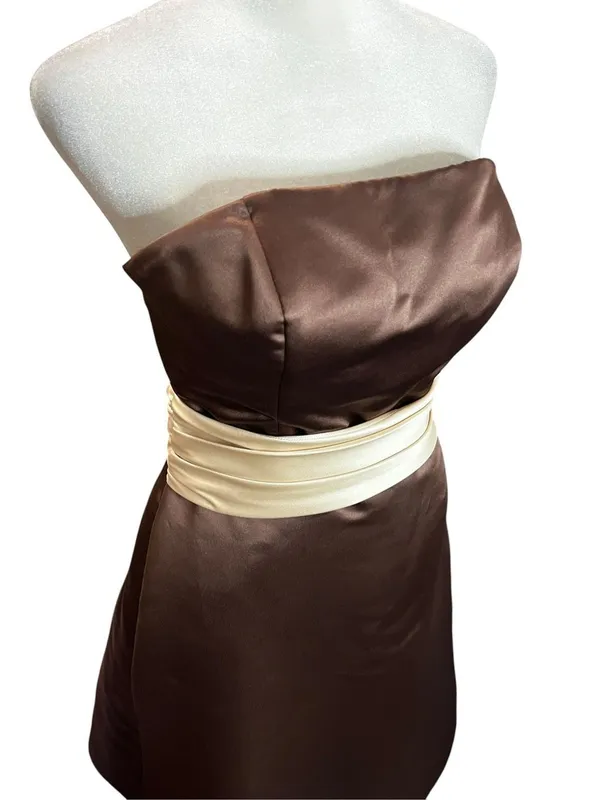 Bill Levkoff Chocolate Brown Satin Strapless Fit Flare Midi Dress Ivory Sash 6 - Image 3