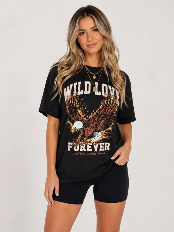 Wild Love Forever Eagle Graphic Tee Black Oversized NWT - Image 3