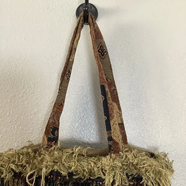 Vintage Handmade Tapestry Unique Patchwork Fringe‎ Artsy Goblincore Shoulder Bag - Image 2