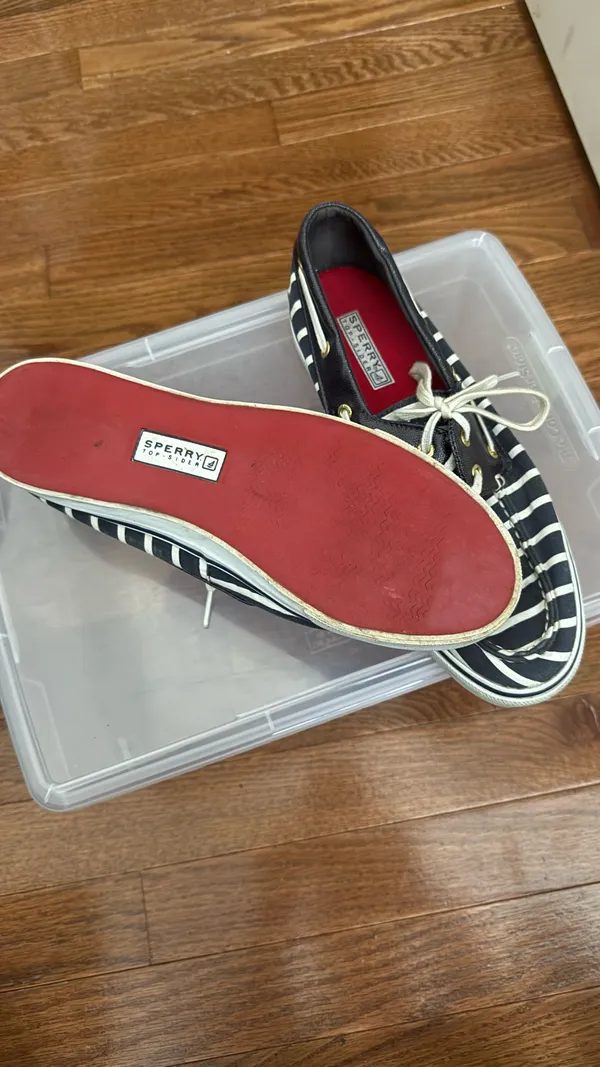 Sperry Black & White Striped Canvas Boat Shoes with Red Insole - Image 8