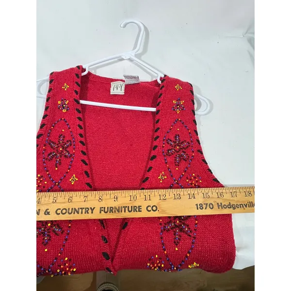 IVY Vintage Beaded Knit Sweater Vest Womens M Red Floral Whipstitch V-Neck Artsy - Image 8