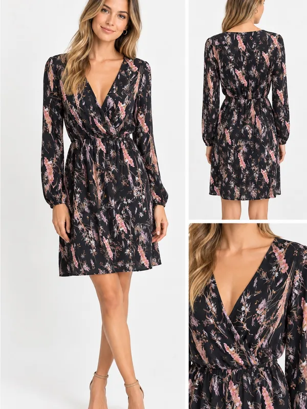Erika Lang Nordstrom Women's Black Surplice Floral Dress Size Large - Image 2