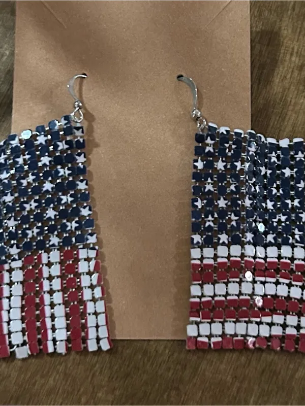 Patriotic USA American Flag mesh drop earrings feature a flowy design - Image 4