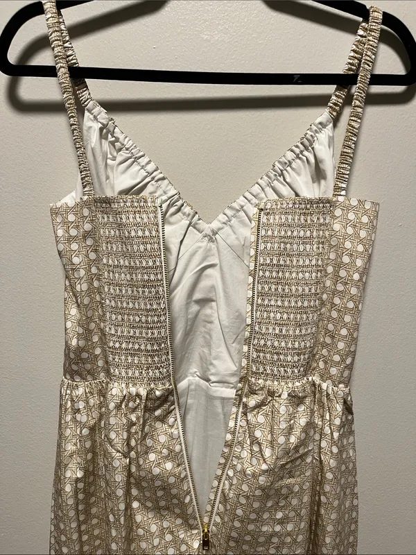 HILL HOUSE (NWT) The Juliana Midi Dress in Basketweave, Beige/White, Size M - Image 10