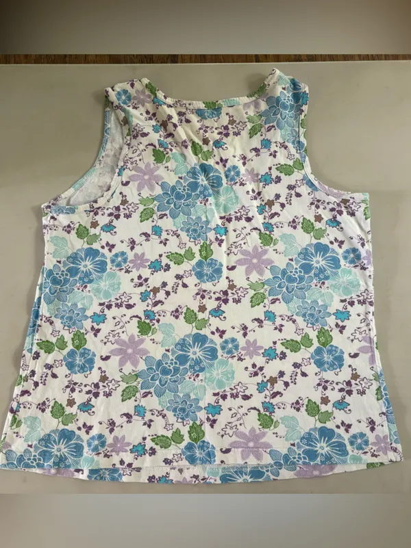 Basic Editions White Tank with Blue, Purple & Green Floral Print - Image 2