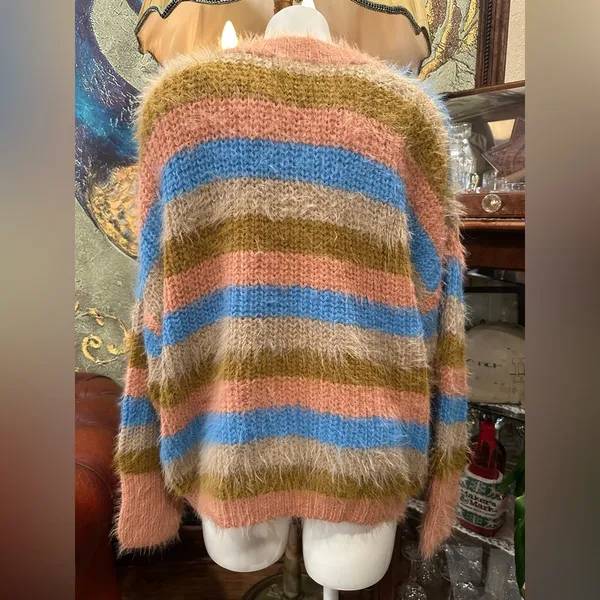 Entro Boho Glam Eyelash Knit Striped Sweater Size Large Multi-Color Fuzzy Fluffy - Image 5