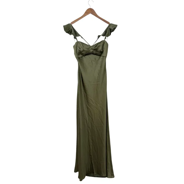 Lulus Exuberant Luxury Olive Green Satin Ruffled Lace-Up Maxi Dress size M NWT - Image 3