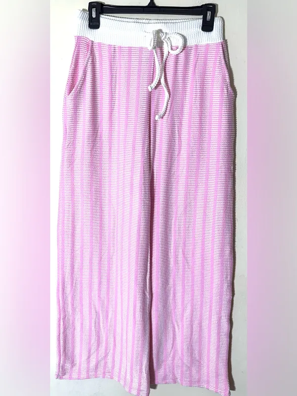 Zenana Raised Rib Striped Pullover & Wide Leg Pants Set Womens Lt Pink Sz Medium - Image 5