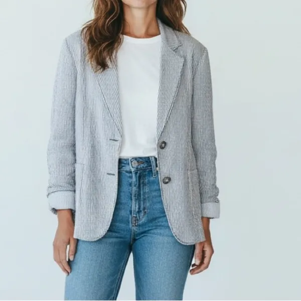 Chico's Seersucker Striped gray white yellow Yachtie Blazer coastal classic - Image 2