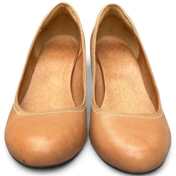 Clarks Indigo Purity Snow Tan Leather Wedge Pumps 9.5 Wooden Heel Casual - Image 8