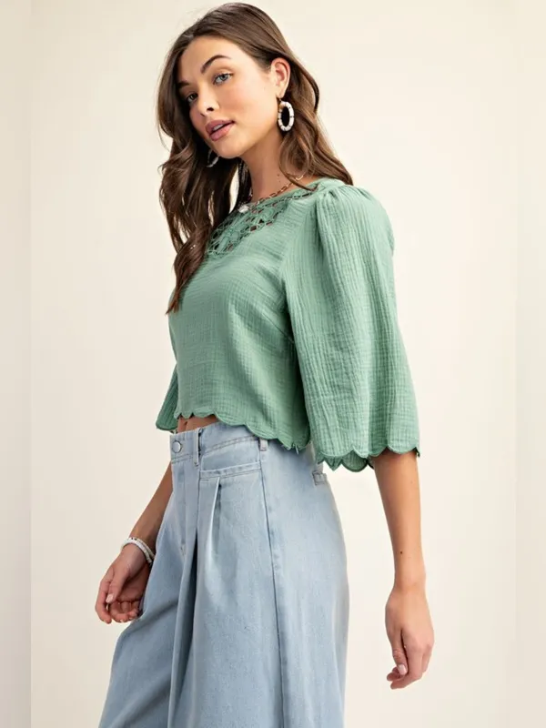 Crochet Yoke Puff Sleeve Blouse in Sage Size Medium - Image 6