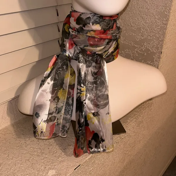 Vintage Silk Feel Scarf Korea Rectangular Floral Sage Yellow Peach 13.5 X 57 in - Image 5