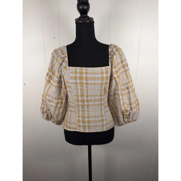 Anthropologie Maeve Plaid Square-Neck Blouse bohemian-style Xs Puff Sleeve - Image 2