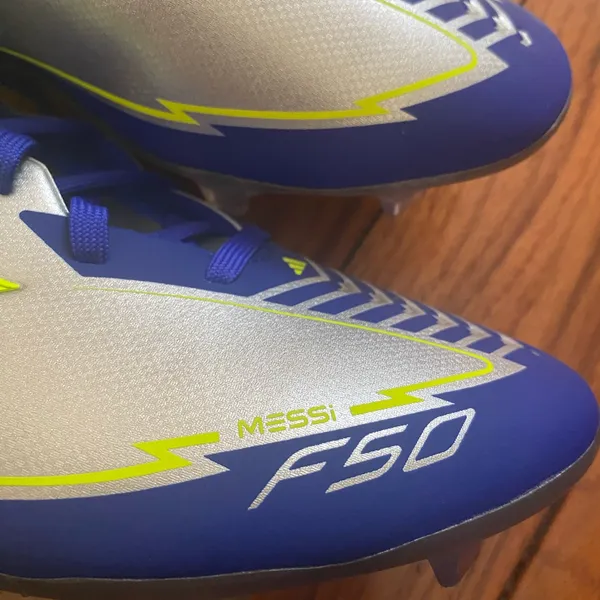 NIB Adidas F50 League FG/MG Messi Silver/Yellow/Blue‎ IH0918 Size 6 Womens 7.5 - Image 3