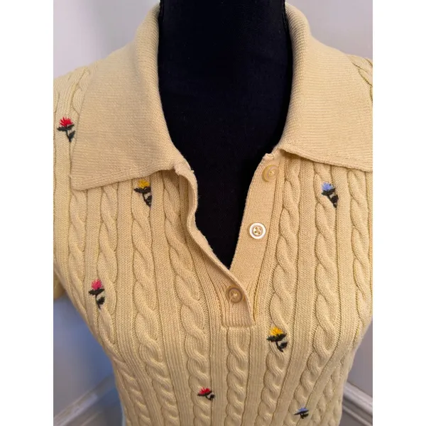NWT Calligraphie Yellow Cable Knit Floral Embroidered Sweater Polo Top Cottage - Image 3