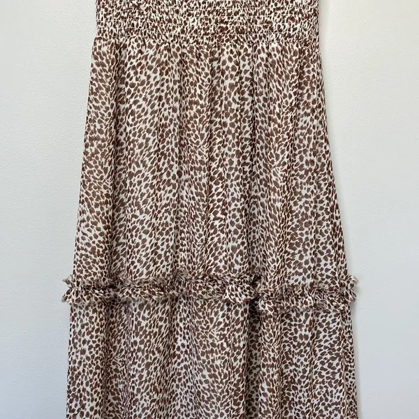 1.State‎ Animal Print Chiffon Smocked Mock Neck Dress in Brown Taupe - Image 6