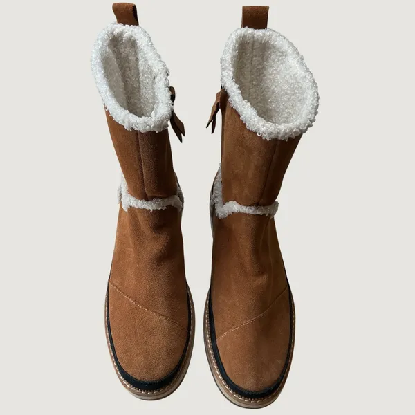 TOMS Mesa Tan Suede Faux Shearling Lined Mid-Calf Platform Boots Women 6 - Image 4