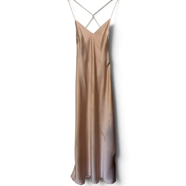 Zara Champagne Satin Maxi Slip Dress Cross Back V-Neck Sleeveless Pink Beige XS - Image 4