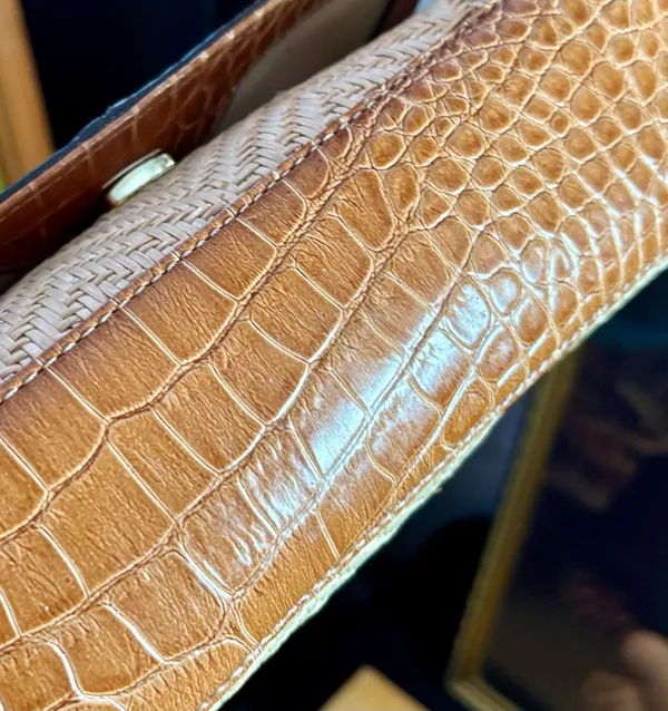 Liz Claiborne VTG 90s Boho Croc Embossed Synthetic Leather & Woven Straw Shoulder Bag - Image 8