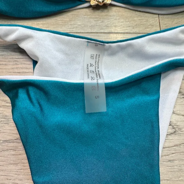 Teal Blue Shell Charm Bikini Set Gold Hardware Side‎ Tie Swimsuit Womens Small - Image 7