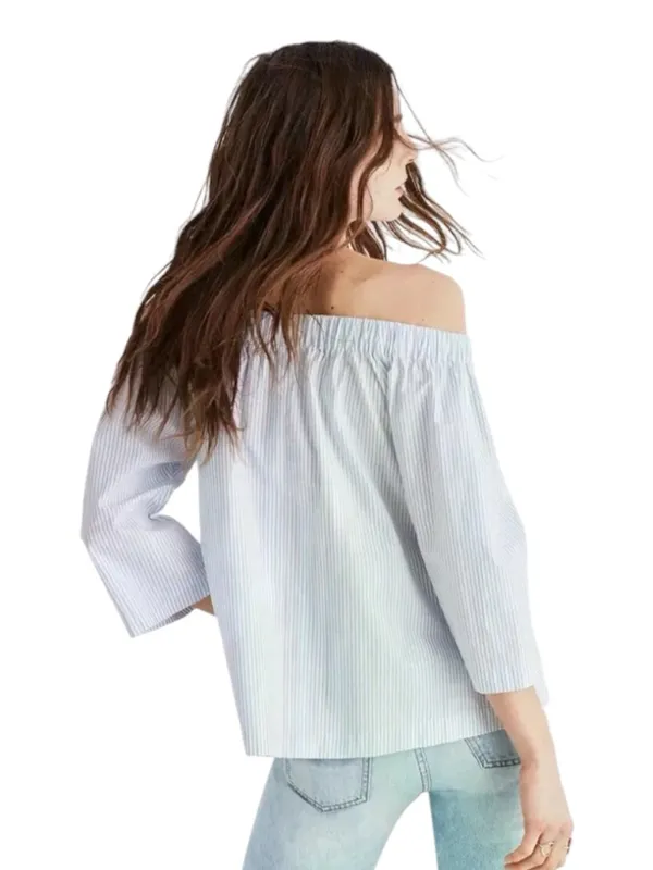 Madewell Coastal Nostalgia Summer Vac Blue Striped Off Shoulder 3/4 Sleeve Top S - Image 2
