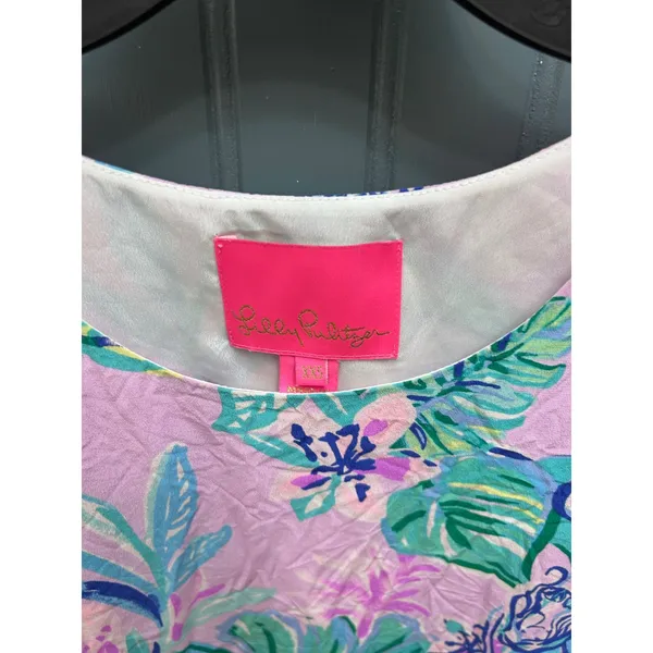Lilly Pulitzer Pink Tropical Floral 100% Silk Shift Dress XXS Sleeveless Lace‎ - Image 4