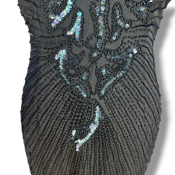 Vintage Black Beaded Sequin Evening Gown Maxi Dress Art Deco Formal Glam Elegant - Image 4