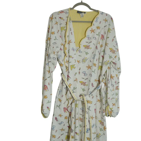 Vintage Prima Donna Cotton Robe Small Fish Starfish Print Yellow Trim Beach 90s - Image 2