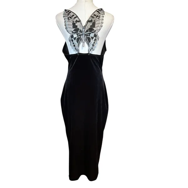 Black Velvet Baby Doll Y2K Dress Lace Butterfly SZ LG Goth Fairy Formal 90's - Image 2