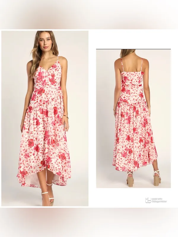 Lulus Floral Print Metallic Ruffled Wrap Maxi Dress size L - Image 2