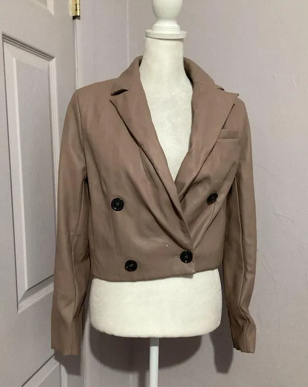 Maeve Tan Cropped Faux Leather Vegan Button Front Blazer Size 2 - Image 2