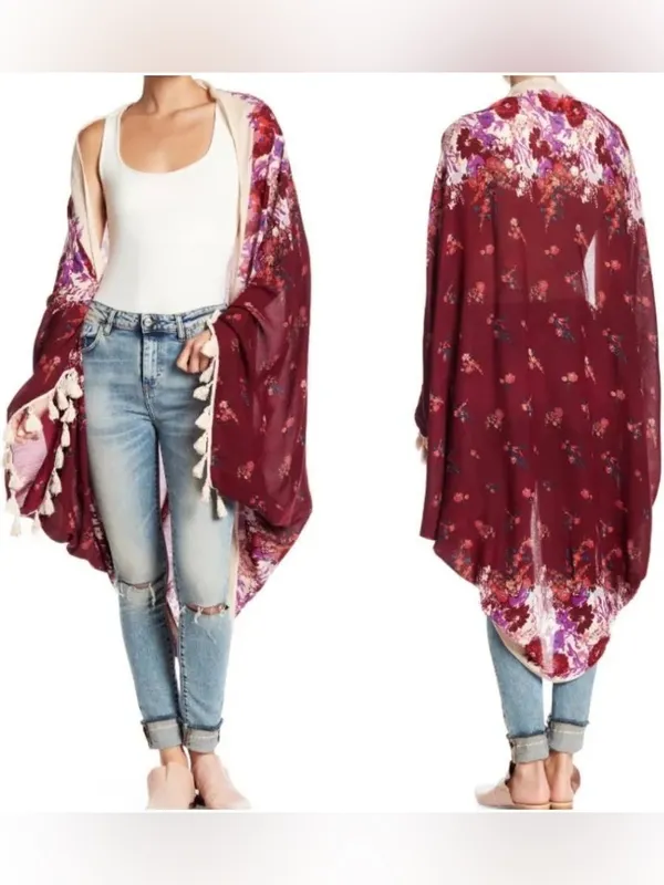 Intimately Free People Bali Wrapped in Blooms Shawl Kimono Burgundy Floral OS - Image 8