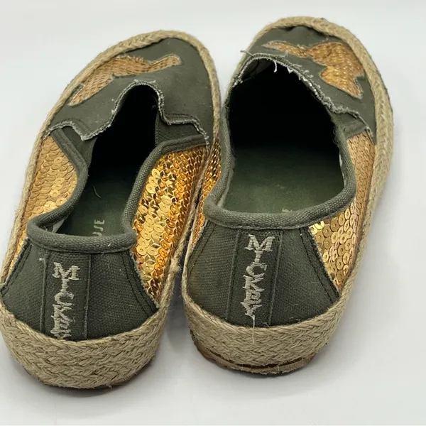 Mickey Mouse Sz 7 Slip On Shoes Green Gold Sequins Espadrille Soles - Image 7