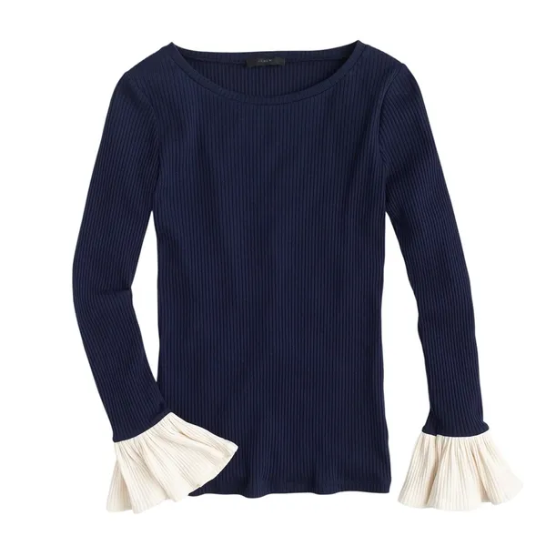 J. CREW Black Trumpet Bell Cuff Boat Neck Ribbed Knit Shirt Top - Size Large - Image 2