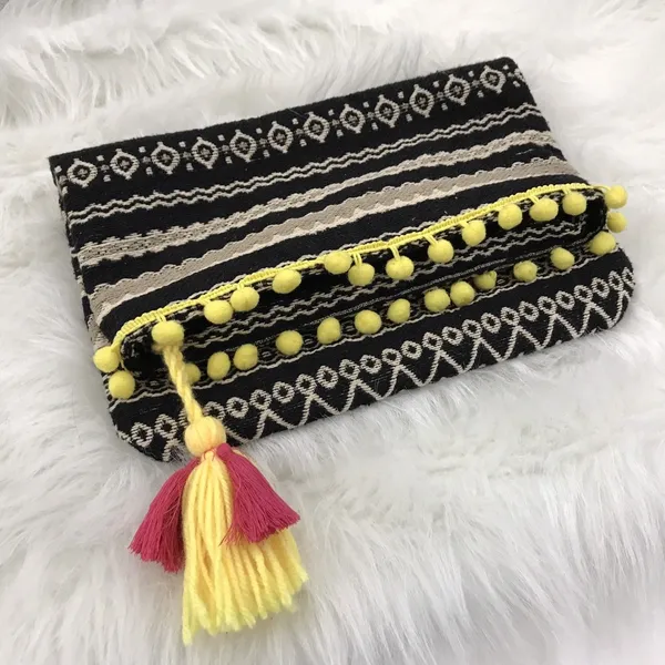 Just Fab Fold Over Bag Yellow Pom Pom Tassel‎ Trim Colorful Clutch Purse - Image 6