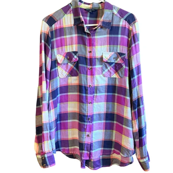 American Eagle Size XL Women's Purple Plaid Button Down Shirt 100% Cotton - Image 2