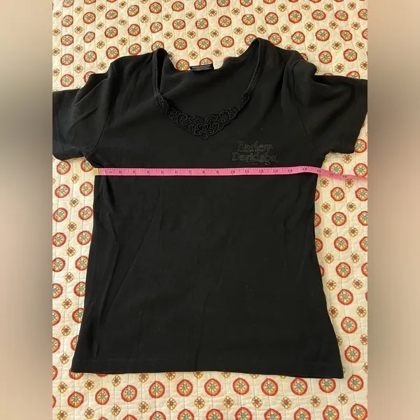 Vintage Y2K 2000 Harley Davidson Lace V Neck Black Short Sleeve Size Medium - Image 5