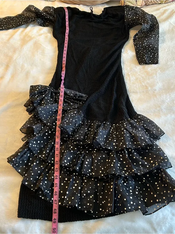 Nuance 80s black textured flamenco style dress chiffon polka dot accents size M - Image 12
