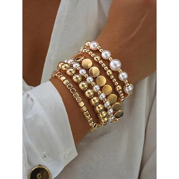 Gold & Pearl Beaded Multi Layer Elastic Bracelets 6 pcs - Image 2