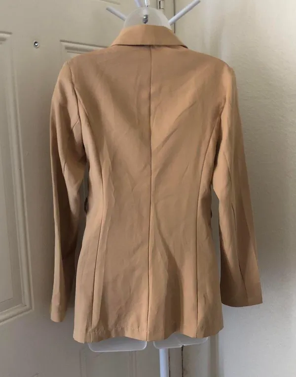 Tan apricot nude beige cream long slightly oversize double breasted blazer streetwear office siren core with belt loops - Image 2